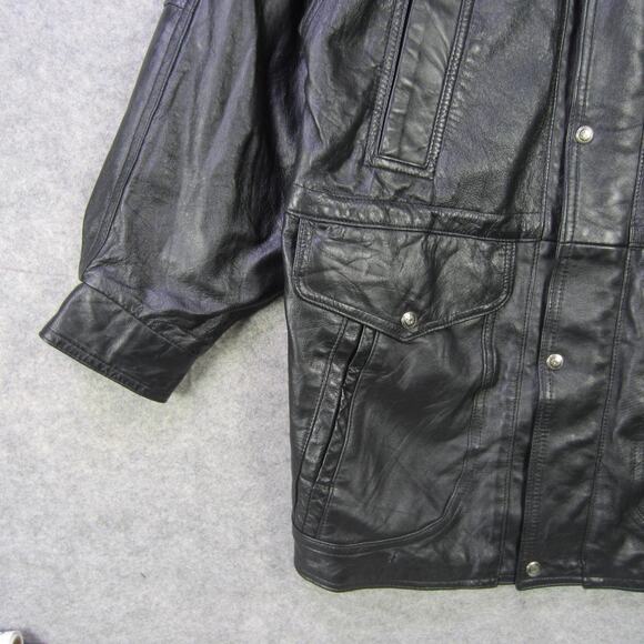 Laurence Roy Leather Jacket Mens Small Black Long Car Coat Snap Zip Pockets - Picture 6 of 9